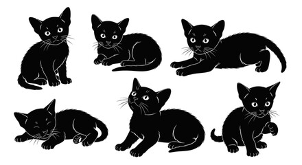 Fototapeta premium Set of Six Adorable Black Kittens Posed in Various Playful and Cute Positions