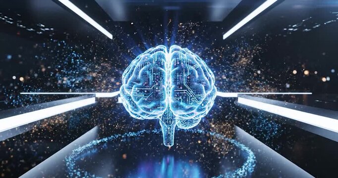 Glowing digital brain with circuit patterns in abstract futuristic space