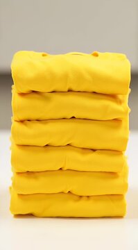 A video showcasing a stack of yellow objects on a plain background