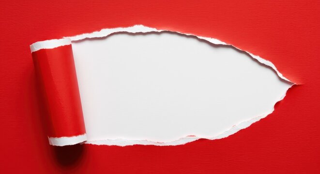 Dynamic background features bright scarlet paper dramatically ripped open, exposing pure white surface beneath the torn edge detail, background, abstract, isolated