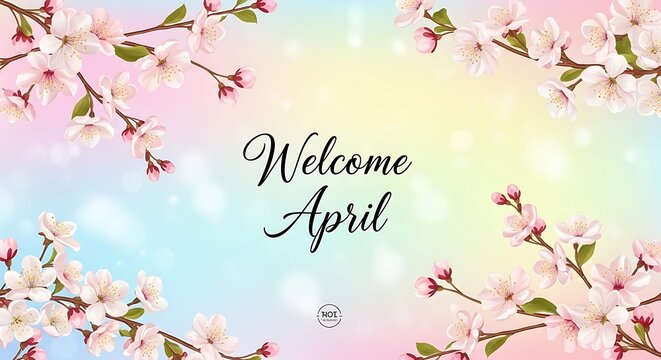 Welcome April floral spring banner with cherry blossoms and soft sunlight