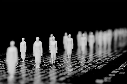 A long monochrome row of identical figurines recedes into darkness atop glowing binary code, suggesting anonymous mass data.