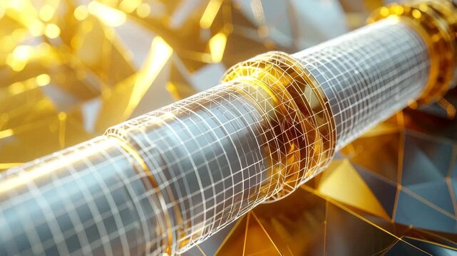 Cylindrical object with a wireframe overlay, illuminated with golden light