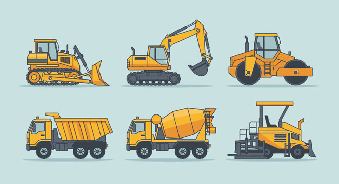 Collection of heavy construction vehicles side view.