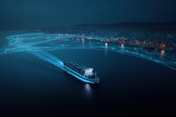 Obraz premium Aerial night view captures a cargo vessel leaving luminous blue network trails across a tranquil bay.