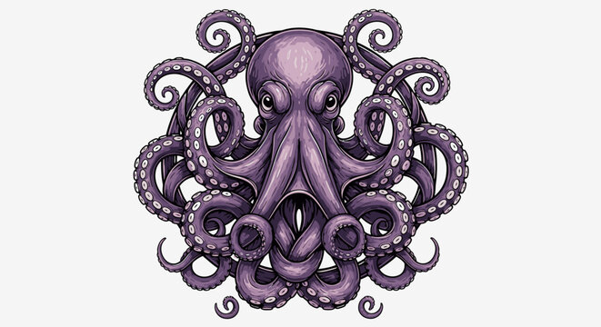 Purple octopus with curled tentacles illustration.
