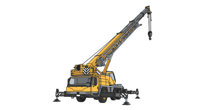 Yellow truck mounted mobile crane vehicle.