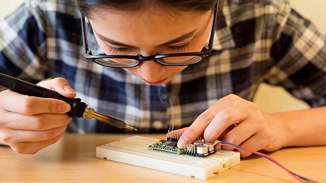 Focused young woman soldering electronic circuit on breadboard, wearing glasses and plaid shirt &mdash; DIY electronics, STEM education, hobbyist engineering