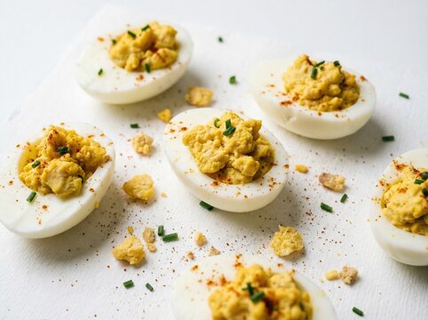 Imperfect Deviled Eggs Oeufs Mimosa Isolated on White Authentic Style