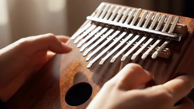 Hands playing a wooden kalimba thumb piano illuminated by warm natural sunlight.