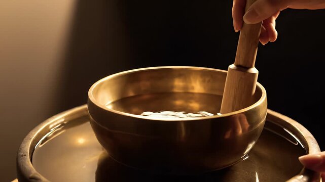 Hand using a wooden mallet to play a brass singing bowl filled with water in a dark studio.