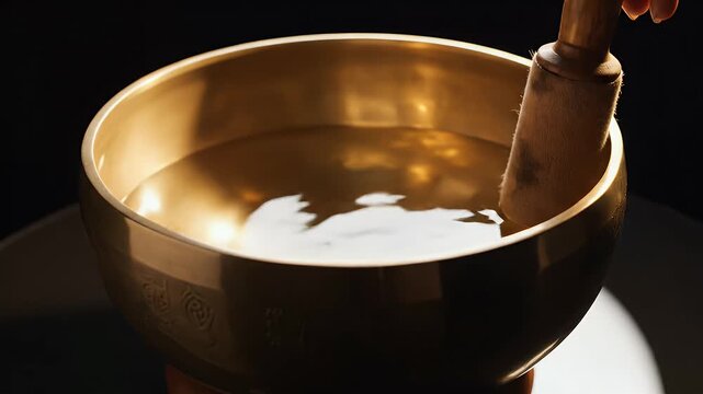 Striking a Tibetan singing bowl with a wooden stick to create water vibrations in warm light.