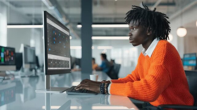 Person in an office environment applying AI tools for autolabeling multimedia assets with clear focus on the tagging interface and outoffocus surroundings.