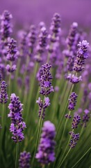 Naklejka premium A stunning, vibrant field of purple lavender flowers blooming under the warm summer sun, emphasizing texture, natural beauty, and delicate scent, scent, background, purple