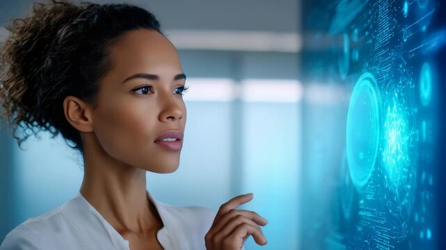 Focused female professional uses virtual touchscreen, embodying future human computer interaction. Scene captures innovation, artificial intelligence, seamless integration technology