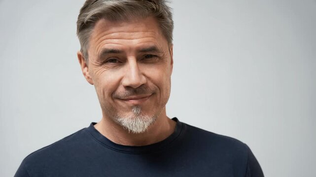 Portrait of middle-aged man with grey hair and goatee smiling at camera. Happy mid adult male in 50s. Concept of kindness, naturalness, and self-assured confidence on neutral background.