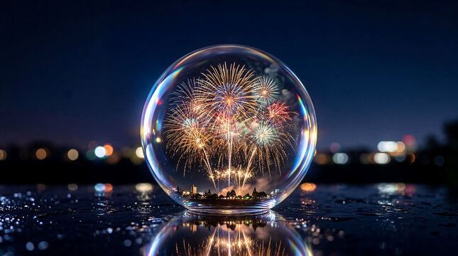 Fireworks display inside glass globe crystal sphere dark night background summer with copy space at top