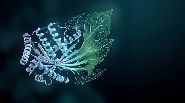 Protein folding structure morphing into leaf vein network molecular biology dark background