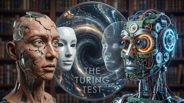 The Turing Test: A compelling visual concept for the Turing Test, showcasing diverse robot faces and the idea of artificial intelligence, communication and thought.