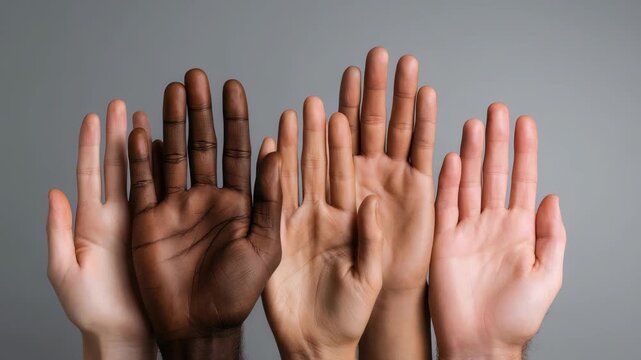 Multiple hands of different skin colors are raised together, symbolizing solidarity and acceptance. The image conveys a powerful message of diversity, teamwork, and human connection