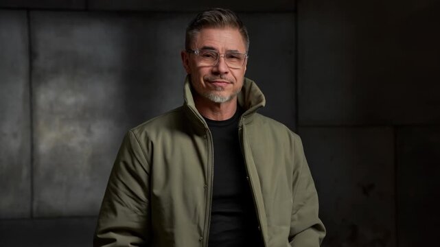 Confident mature man with gray beard and hair smiling while looking at camera, wearing stylish casual jacket against dark background. Success and professionalism, male in 50s .