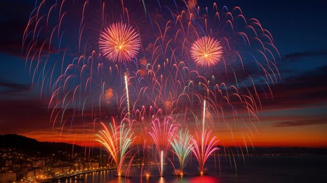 Celestial Symphony: Fireworks paint the twilight sky above the tranquil expanse of the ocean with bursts of vibrant color, offering a breathtaking spectacle of light and celebration.