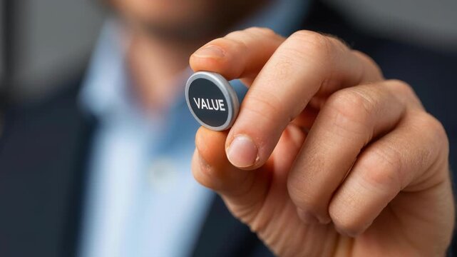 Value in Hand: A close-up shot of a person's hand holding a small button with the word VALUE etched upon it, signifying the importance of principles.