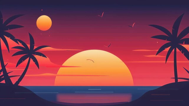 Crimson Sunset at the Shore: As the sun dips below the horizon, the sky ignites with fiery hues, casting a warm glow over a serene beach scene.