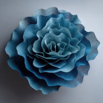 Fabric flower blooms in blue hues, showing ruffled edges against a neutral backdrop