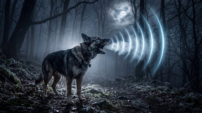 Alert Dog Barking Loudly with Visible Sound Waves