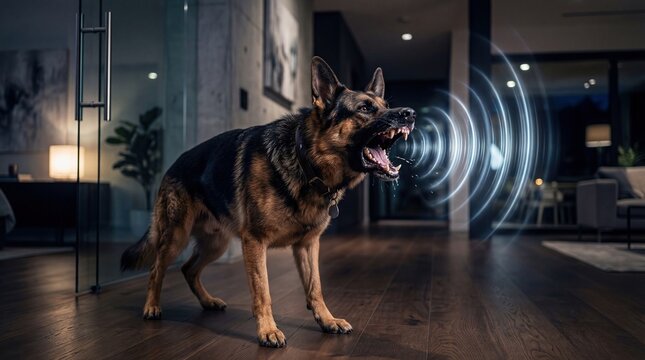 Alert Dog Barking Loudly with Visible Sound Waves