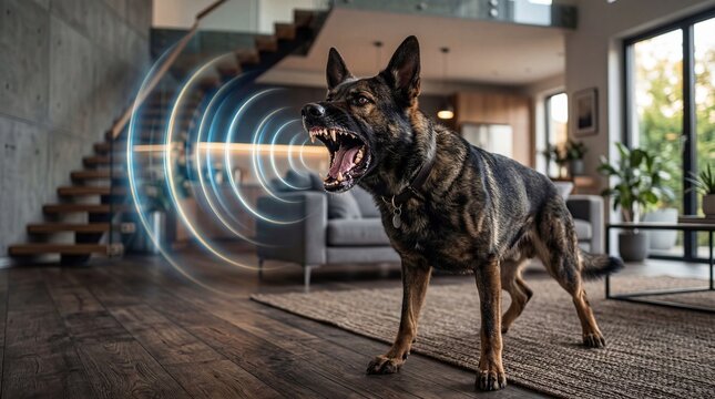 Alert Dog Barking Loudly with Visible Sound Waves