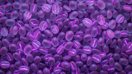 Obraz premium Vibrant close-up of coffee beans with a radiant neon purple glow, creating an abstract futuristic energy concept and trendy beverage design
