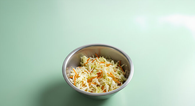 Plain institutional salad of shredded cabbage and carrots in a stainless steel bowl placed at the bottom center of a large light mint surface, wide empty upper area kept as negative space.