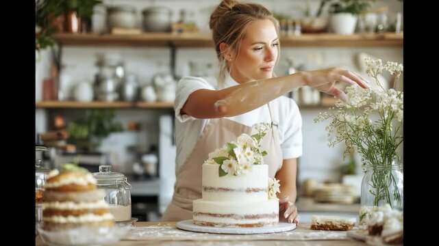 A professional female pastry chef smiling while meticulously decorating a rustic tiered naked cake with fresh white flowers in a bright and cozy professional kitchen studio
