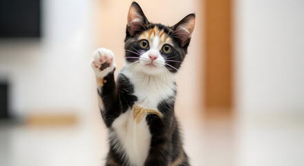 A black and white cat with orange markings is standing on its hind legs