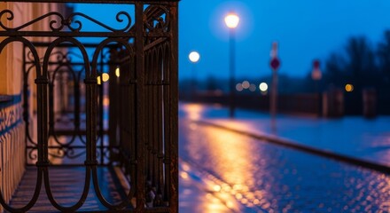 Obraz premium A metal balcony railing overlooks a silent cobblestone street under soft evening lights, capturing a peaceful urban atmosphere at twilight, calm, cobblestone, exterior