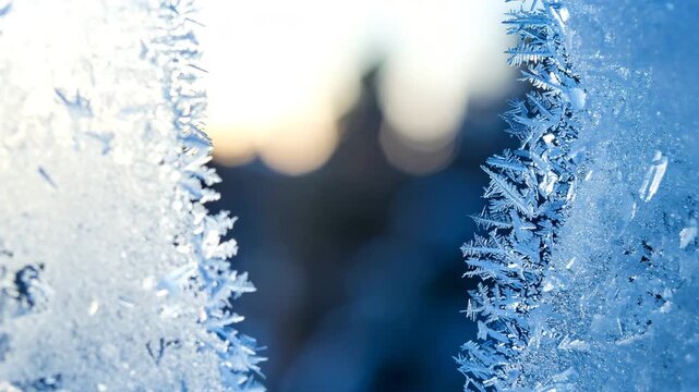 Close-up of frost crystals on a window pane, with soft background bokeh