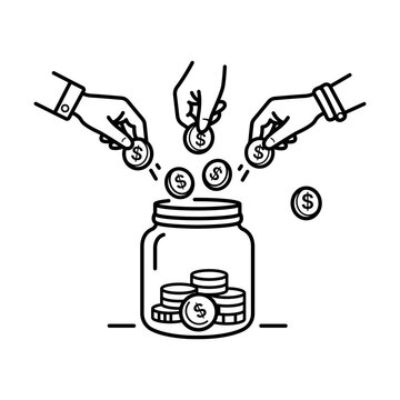 Crowdfunding vector icon illustration featuring hands dropping dollar coins into a glass jar, representing fundraising, collective donation, and financial support in a minimalist line art style.