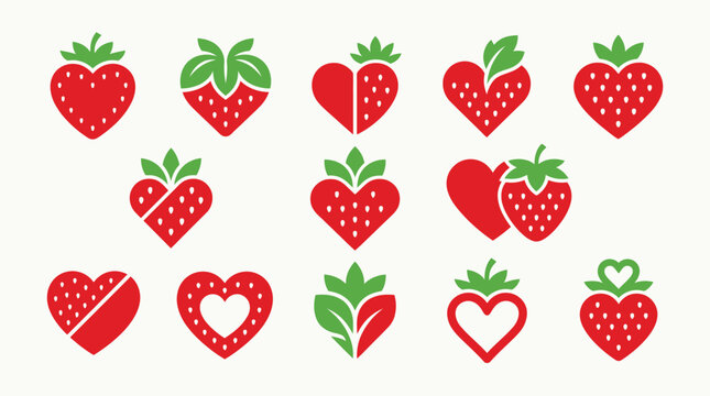 Collection of stylized strawberry icons, some shaped like hearts, with green leaves, on a white background.