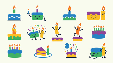 Fototapeta premium A collection of cheerful and colorful cartoon birthday cakes with lit candles, some with faces and limbs, celebrating joyfully.