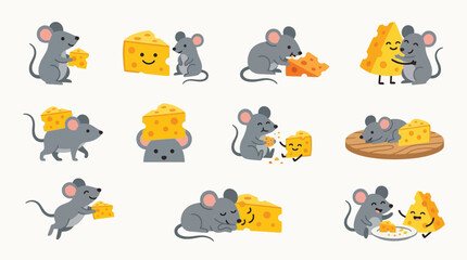 A charming collection of cute cartoon mice interacting with delicious cheese in various playful and heartwarming scenarios.