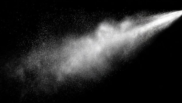 Fine mist of liquid spray suspended against a black background, bright light