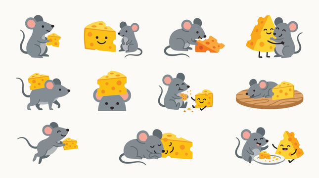 A charming collection of cute cartoon mice interacting with delicious cheese in various playful and heartwarming scenarios.