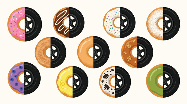 A creative collection of donuts artfully combined with car tires, showcasing a variety of flavors and designs.