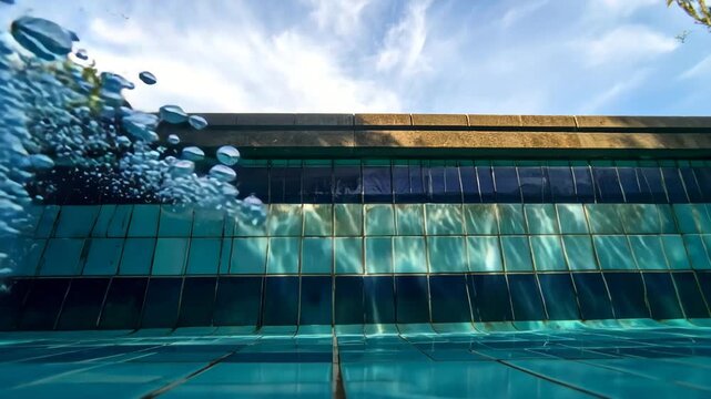 Underwater perspective of a pool with tile walls and bubbles, against a cloudy sky