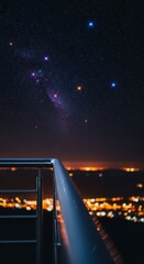Obraz premium A metal balcony railing overlooks a dark expanse of glowing stars and soft city lights, creating a quiet atmosphere of late night solitude, vantage, railing, horizon