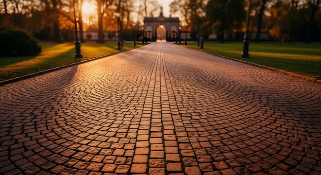 A long, wide cobblestone path bathed in golden light leads to a grand archway entrance of a historic park or estate.