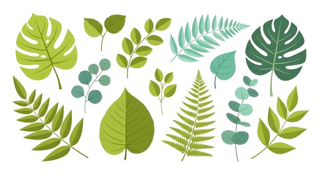 Conjunto de diferentes hojas verdes tropicales y otras aisladas.
 Palma, hoja de pl&aacute;tano, hibisco, plumeria, hoja partida, filodendro.
 Colecci&oacute;n de selva para su dise&ntilde;o.Ilustraci&oacute;n vectorial.