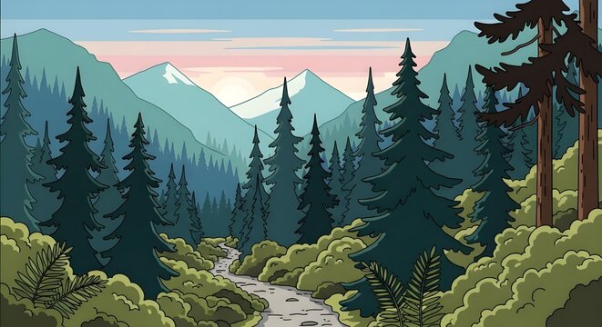 Paisaje de monta&ntilde;a de bosque verde natural.
 Ilustraci&oacute;n vectorial